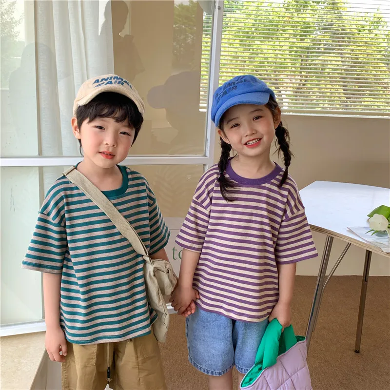 Летние фиолетовые полосатые футболки унисекс Детские хлопковые свободные