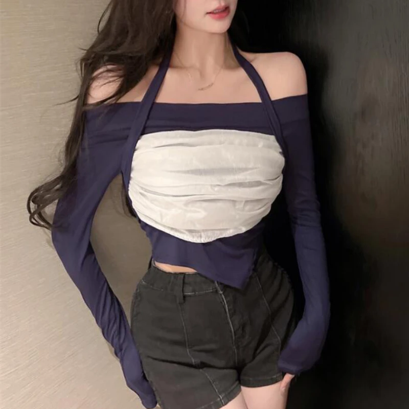 

y2k Irregular Off Shoulder Halter Neck T-shirt Women's Autumn Pure Desire Sexy Tight-fitting Long-sleeved Tops