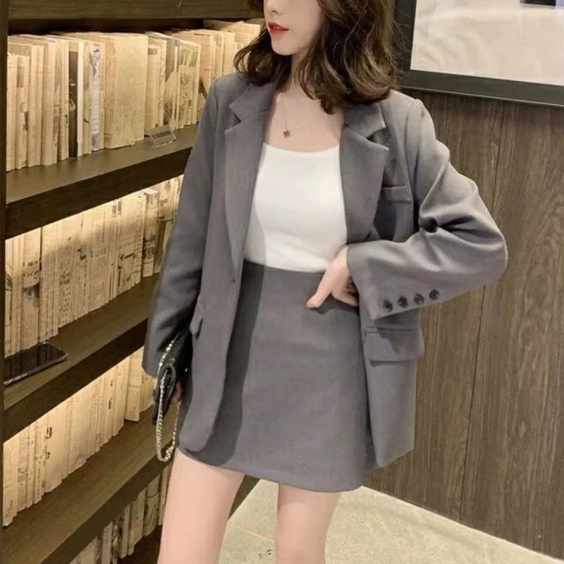 High Waist Slim Elegant Suit Skirt Korean Style Fashion Retro Loose Jacket 2-Piece Set Solid Female Business Casual Skirt Set