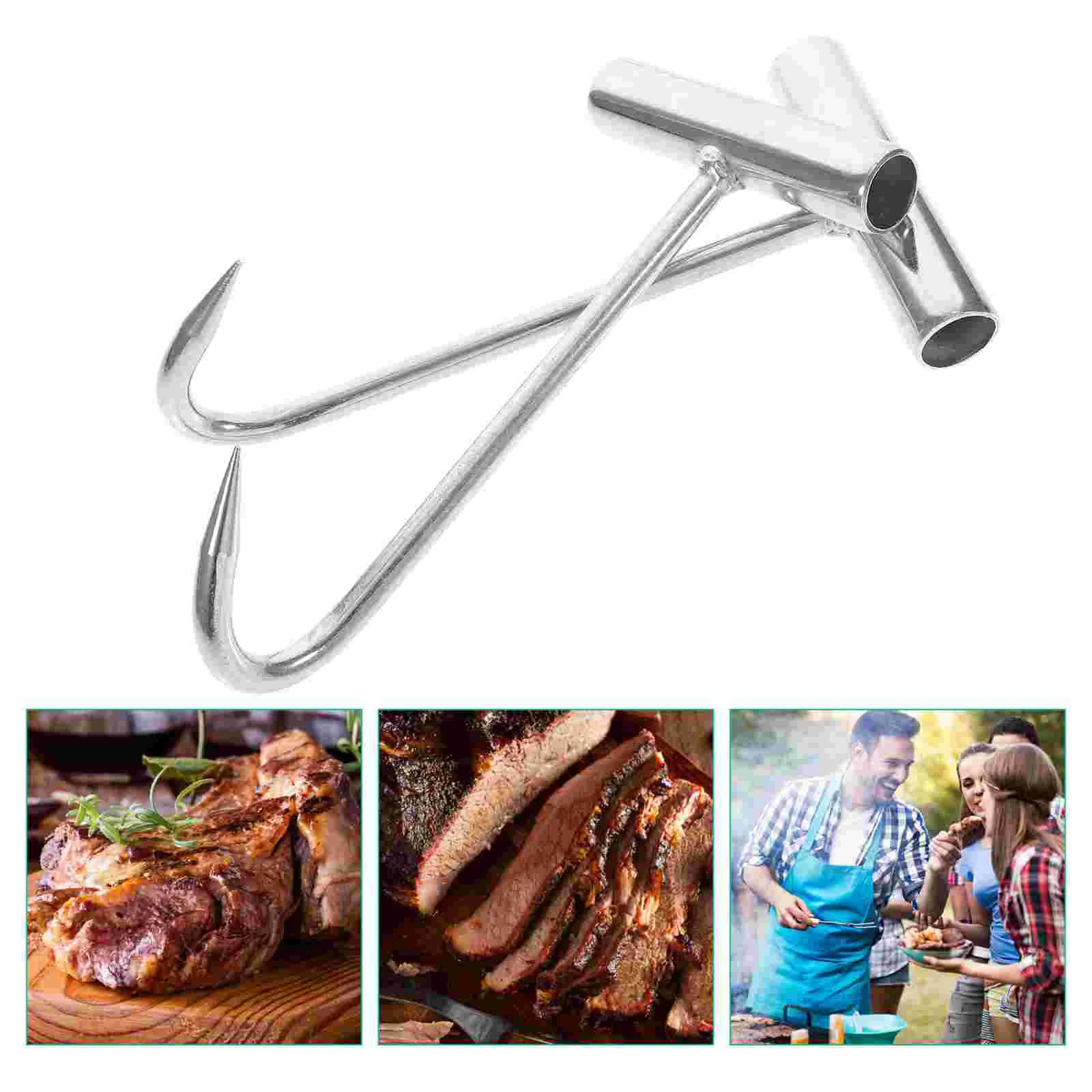 

2 Pcs T-hook Meat Hooks Metal Spork Lifting Hanger Butcher Use Manhole Cooking Short Handle Smoker