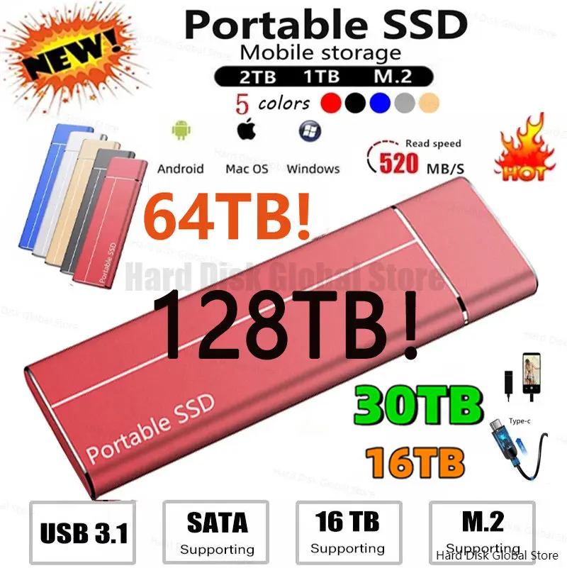 2023 New SSD Type-C USB3.1 16TB 2TB 1TB High Speed External Solid State Drive Mobile Storage Device Hard Drive for Laptop PS4