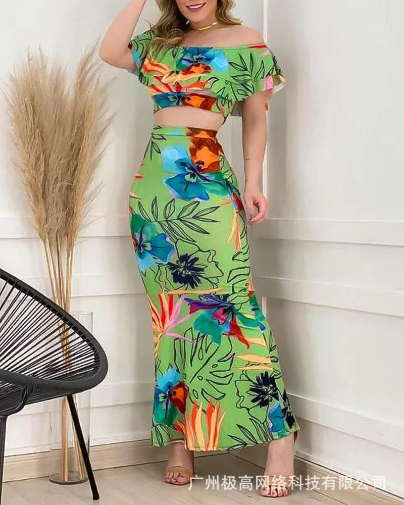 

Women's Tropical Print Off Shoulder Ruffle Hem Crop Top & Skirt Set Summer Short Sleeve Strapless Top High Waist Skirt