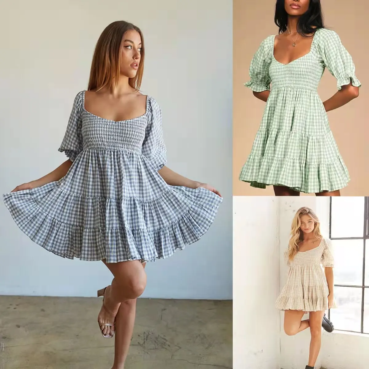 

2022 new V-neck swept simple plaid A-line solid color dress for women