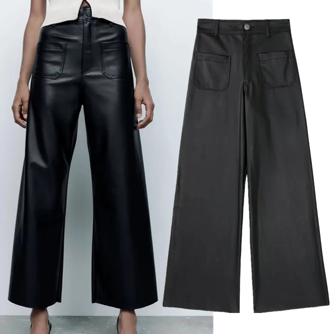 

Maxdutti High Waist Pockets Wide Leg Pants Women England Style Fashion Casual Loose Pu Leather Trousers