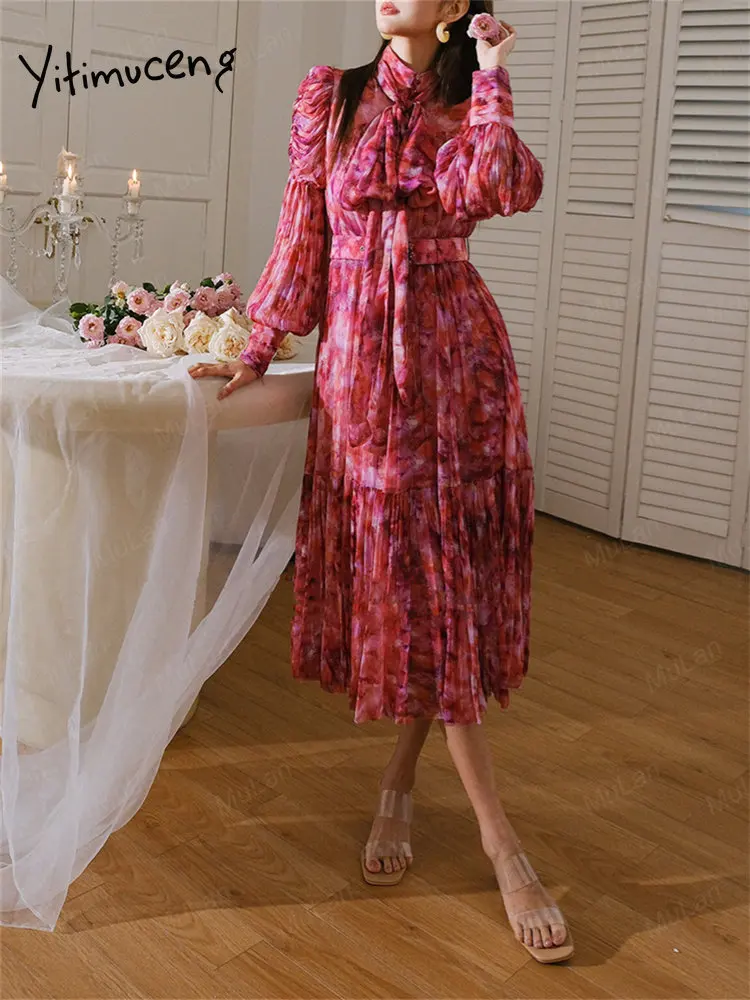 

Летнее платье трапециевидной формы с рукавами-фонариками и воротником-стойкой, винтажное платье, платье для женщин, 2023, модный пояс во французском стиле
