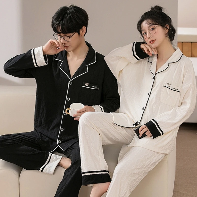QUHENG Couple Sleepwear Cotton Winte New Pajamas Set for Woman 2022 Autumn Long Sleeved Trousers Casual Mens Home Clothing