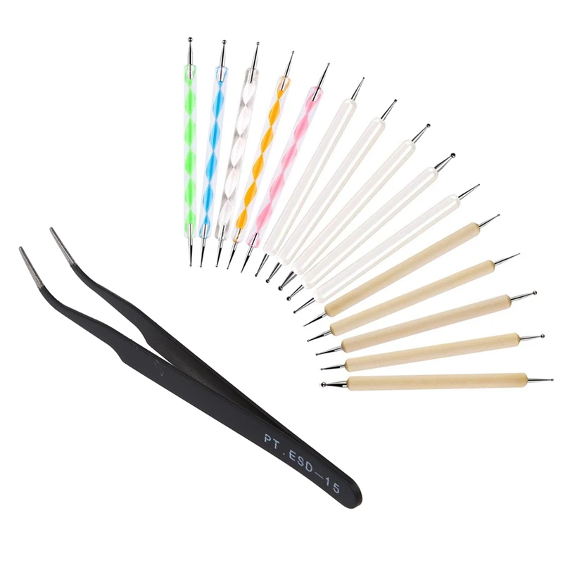 

1X Curved Tweezers Jewelers Craft Hobby Beading Hand Tool & 15 Pcs Dotting Tools Set