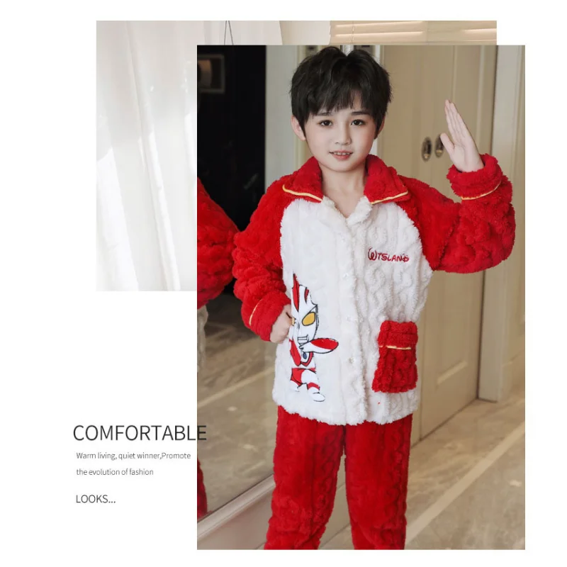 Ультрамен Супермен осенне-зимние утепленные детские пижамы из кораллового флиса