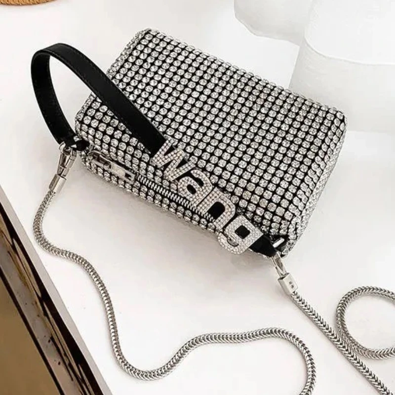 2023 Female New Aw Chain Bag Portable Shoulder Small Bag Handbags Trend Luxury Designer Diamond Inlaid Small Women Square Bag