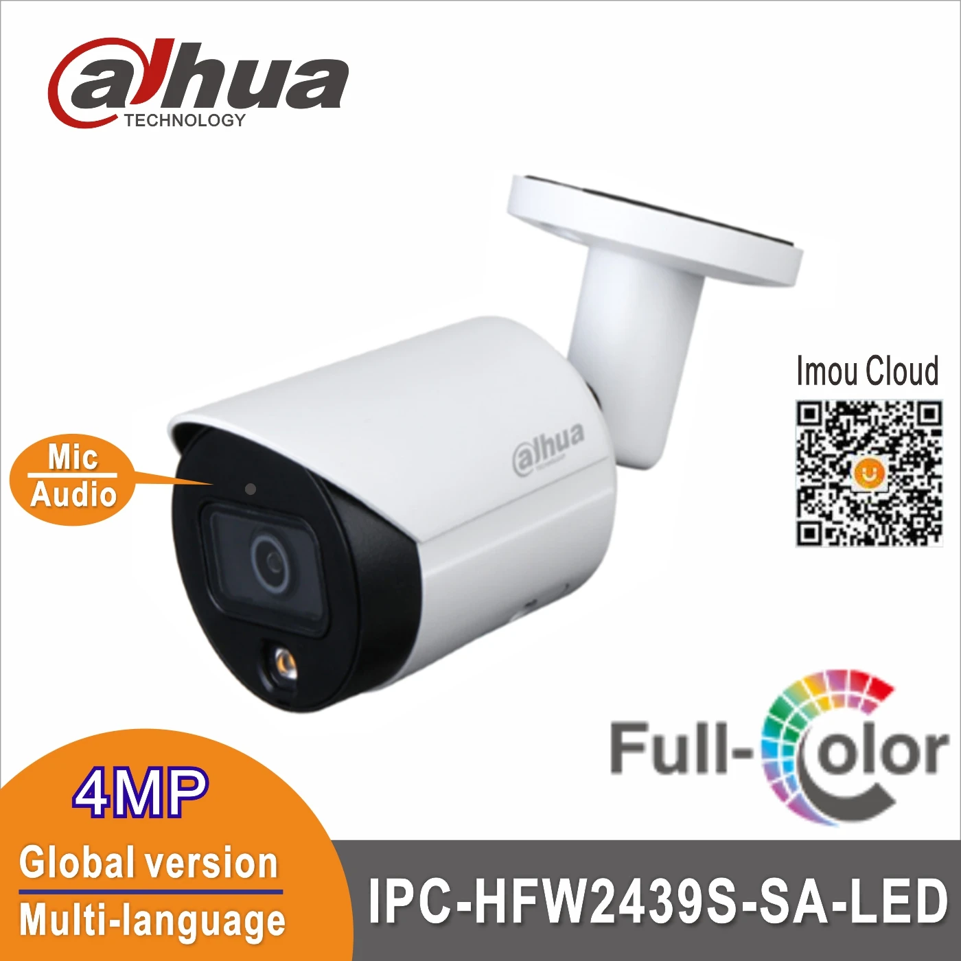 

Free shipping Dahua IPC-HFW2439S-SA-LED-S2 4MP Built-in Mic Full color IP67 WDR Bullet Camera IP Camera 24 Hours