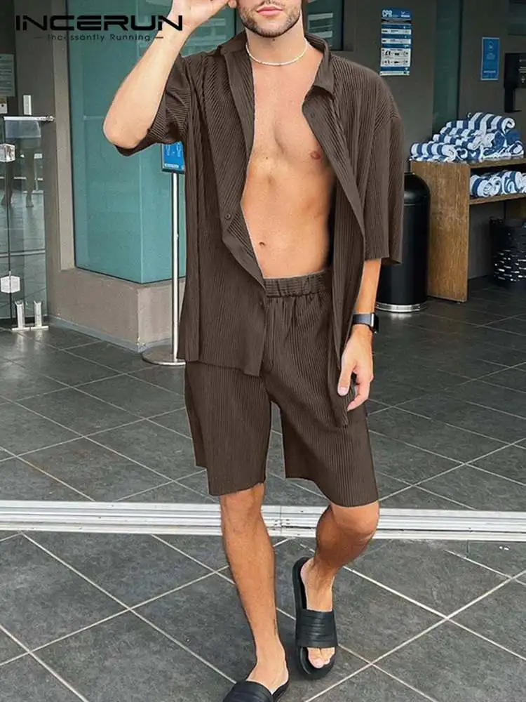 

Casual Simple Style Sets New Men's Short Sleeve Shorts Suit Handsome Male Solid Comfortable Striped Two-piece Sets S-5XL INCERUN