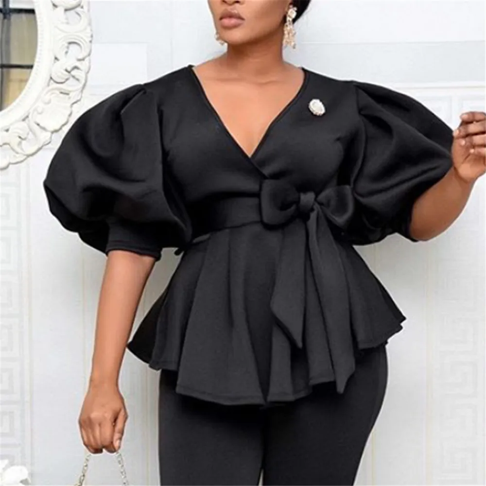 

Women Fashion Blouse Casual Puff Long Sleeves V-neck Ruffle Patchwork Pullover Solid Color Loose Spring Fall OL Commuter Blouse