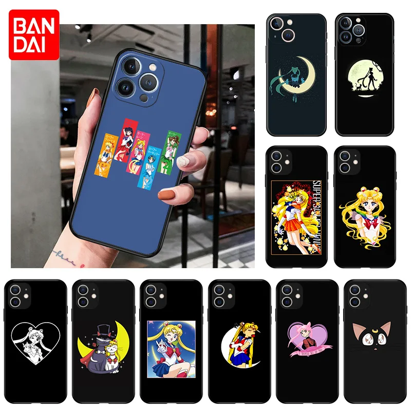 

For iphone 13Pro 12Pro 11 XS Max X XR 7 8 6 6s Plus 13 12 Mini SE 2022 Bandai Sailor moon Cute Soft Black Matte Phone Case Cover