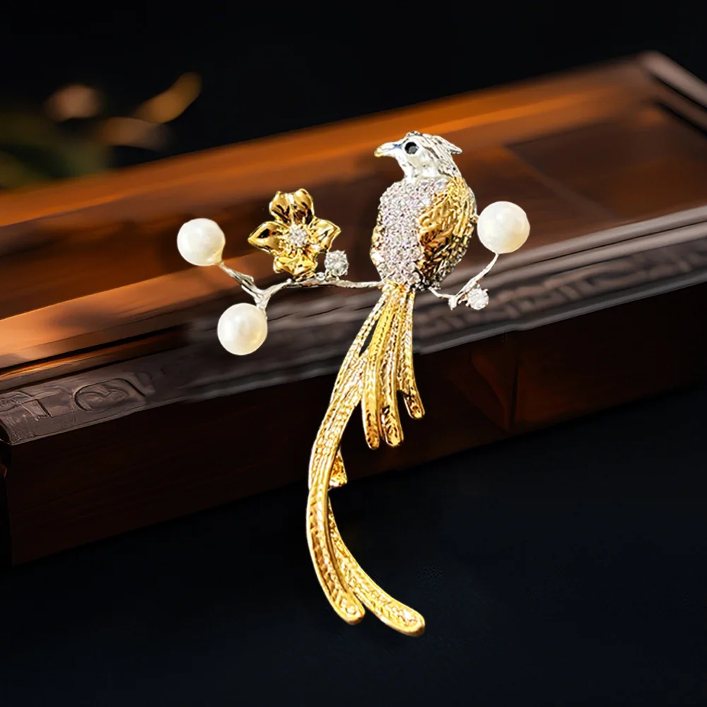 Брошь в виде птицы национальном стиле с цирконами и ветками элегантная брошь