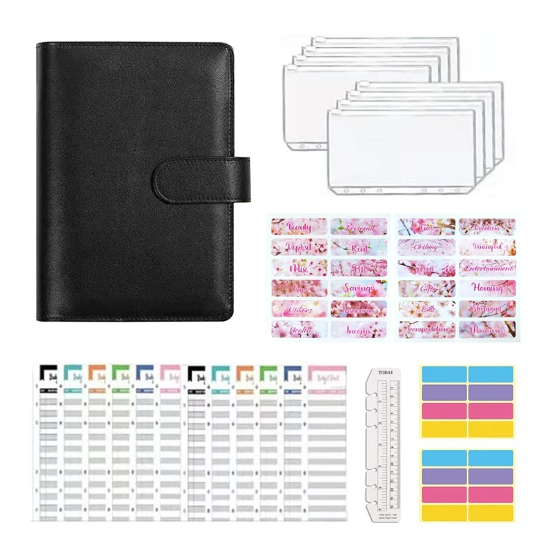

A6 PU Leather Binder Budget Planner Organizer, With Budget Sheets ,Zipper Pockets,Saving Cash Envelopes System