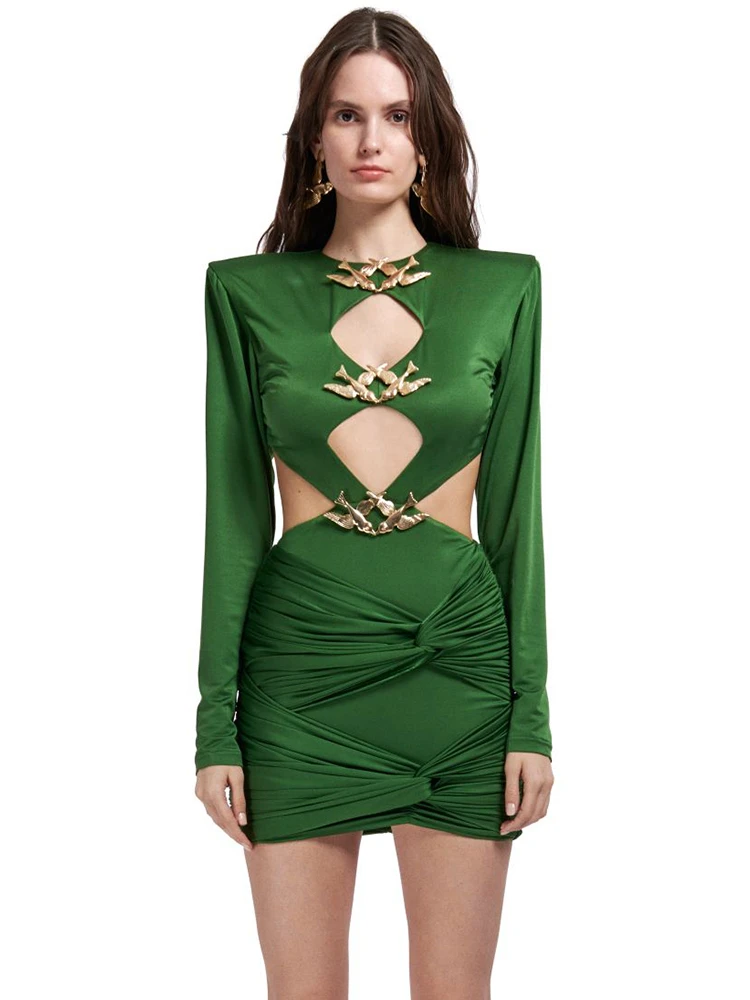 

Женское ажурное Плиссированное мини-платье, зеленое облегающее платье с длинным рукавом и металлическим украшением, роскошное вечернее Клубное платье знаменитости, 2023