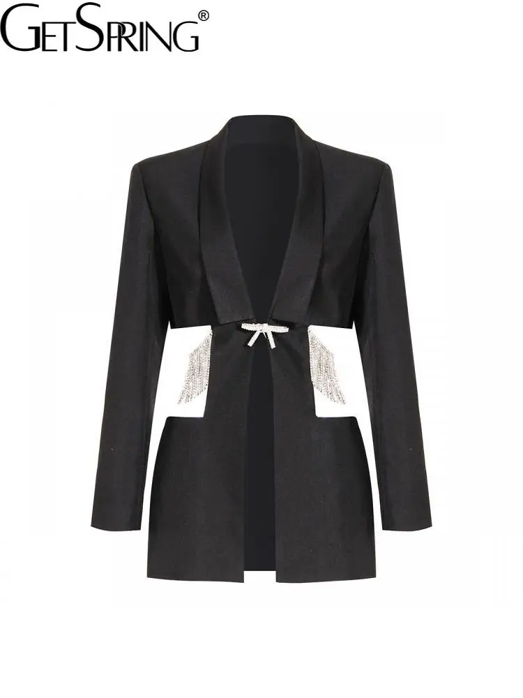 

GetSpring, Женский блейзер на одной пуговице, женский черный блейзер с длинными рукавами и цепочкой со стразами, Женский облегающий пиджак, 2022