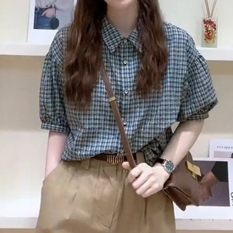 Рубашка-поло в винтажном гонконгском стиле Клетчатая блузка с