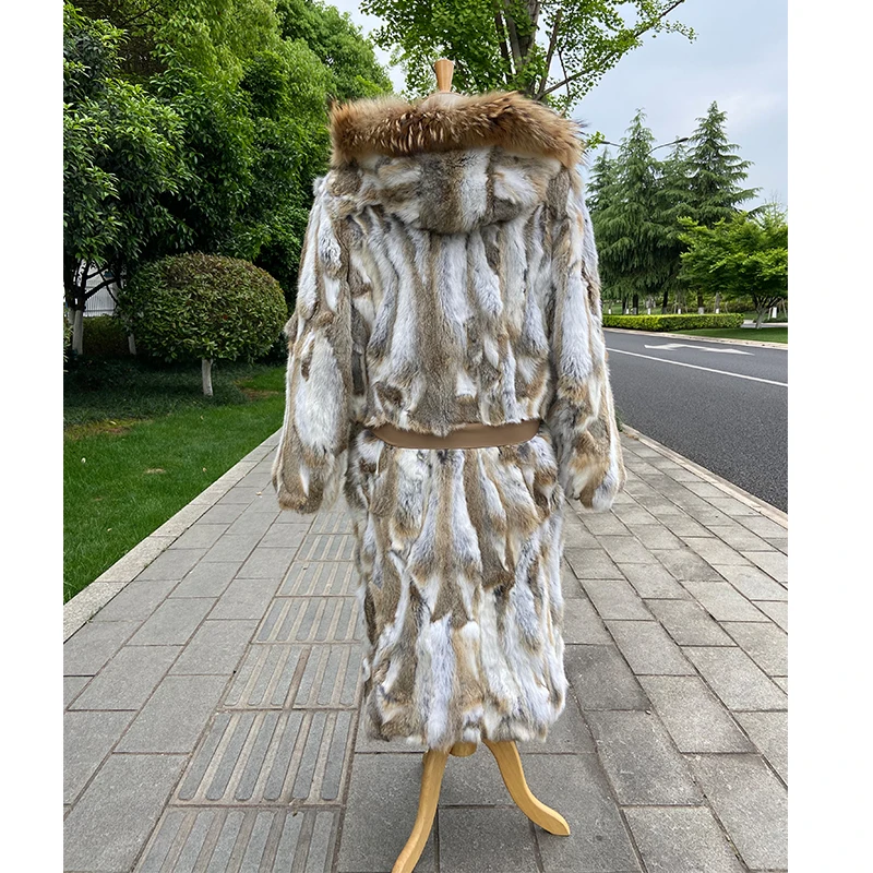 women winter warm fashion longest fur coat real rabbit fur coat with huge hood and raccoon fur collar enlarge