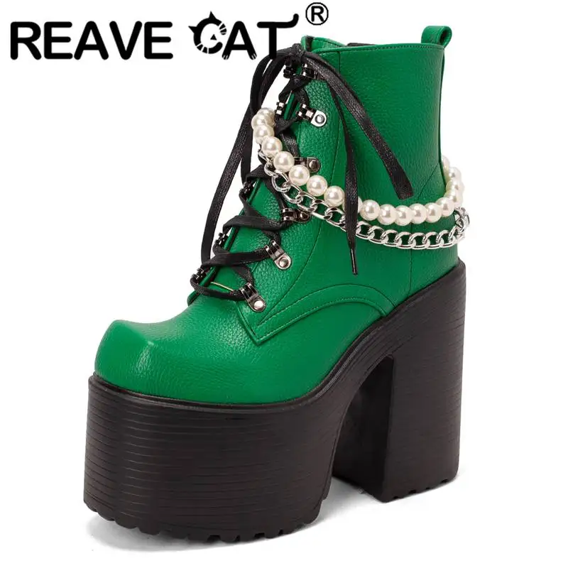 

REAVE CAT Ladies Ankle Boots Square Toe Chunky High Heels 14cm Platform Hill 8cm Zipper Lace Up Chain Beads Big Size 43 44 Punk