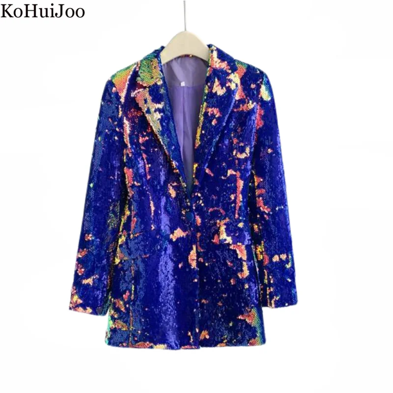 KoHuiJoo Women's Velvet Sequins Blazer Autumn Streetwear Long Sleeve Formal Slim Printed Plus Size Nightclub Light Jacket Coat