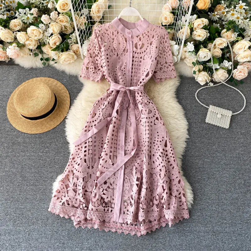 

Women Dress Elegant Temperament Retro Round Neck Hollow Out Single Breasted Pure Color Short Sleeve Summer Clothes For Women