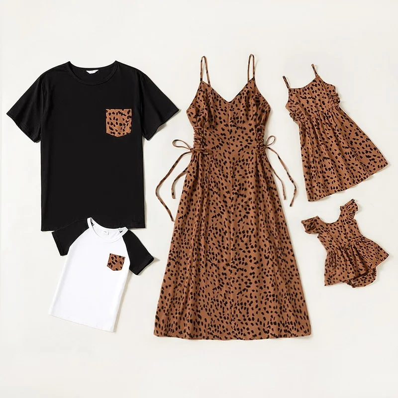 

2022 New Arrival Summer Leopard Family Clothing Set Slip Mother and Daughter Dress Baby Romper Patchwork Father and Son T-shirt
