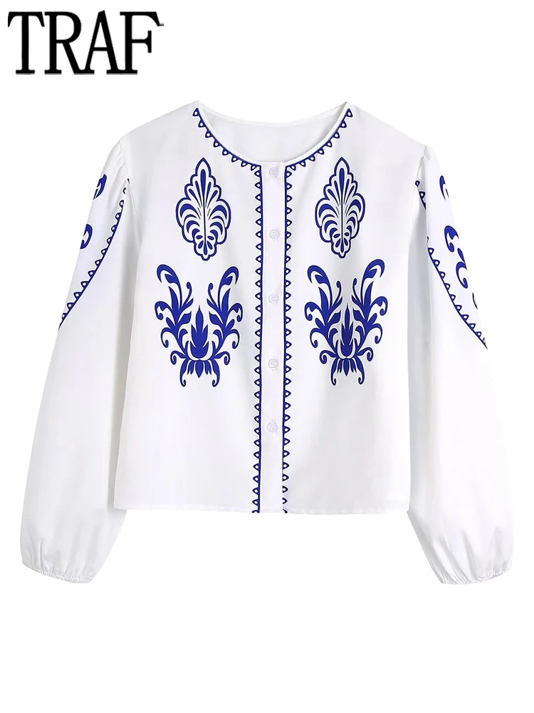 

TRAF White Button Up Shirt Women Print Crop Top Female Long Puff Sleeve Blouses Women Casual Summer 2022 Baggy Shirts for Women