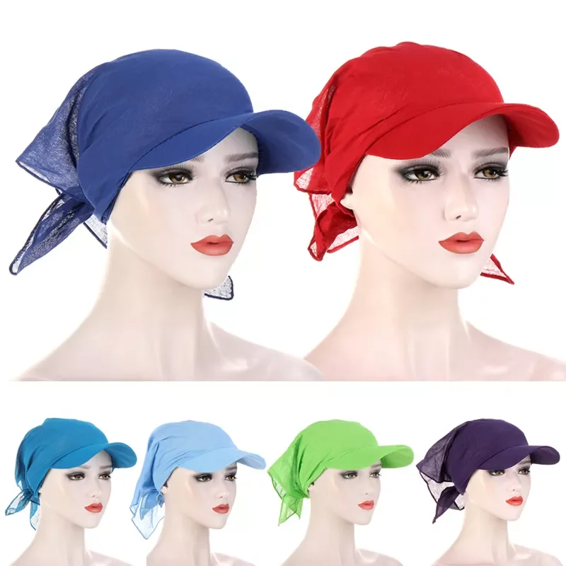 

1PC Women Brim Cap Sun Visor with Pre-Tied Turban Caps Head Scarf Hijab Pure Color Muslim Beach Female Fashion Outdoor Hat