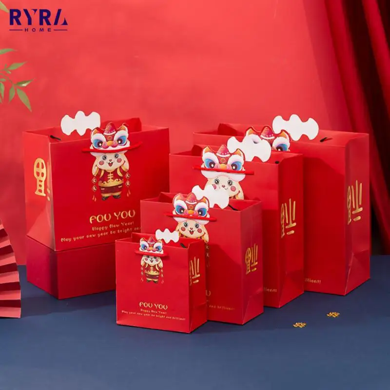 

New Year Spring Festival Chinese Red Gift Paper Bag Packaging Wedding Gift Handbag Party Favor Candy Tote Bags Wrapping Bag 2023