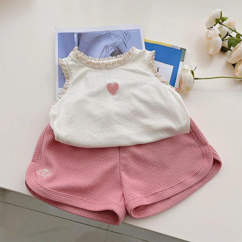 

Korean Children's Clothes 2023 Kawaii Fashion White Top Pink Pant Set Kids Boutique Outfit Summer Suit for Girl From 2 To 8 Year