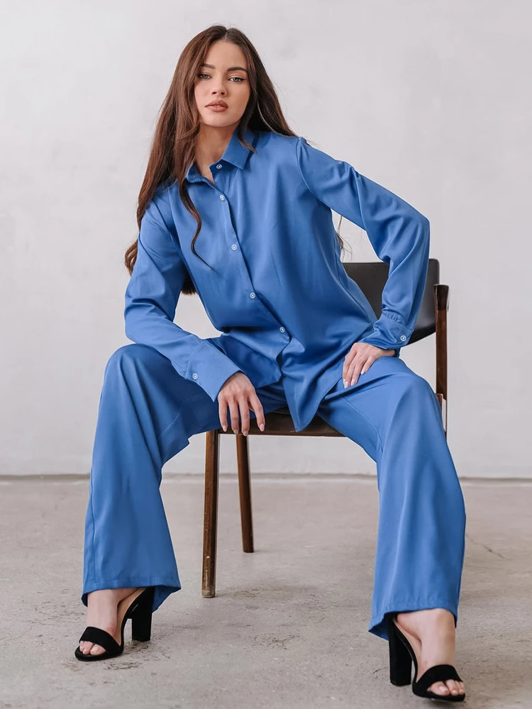 

Hiloc Single Breasted Trouser Suits Fashion Long Sleeve Pajamas For Women Sets Turn Down Collar Loose Women's Winter Clothes 202