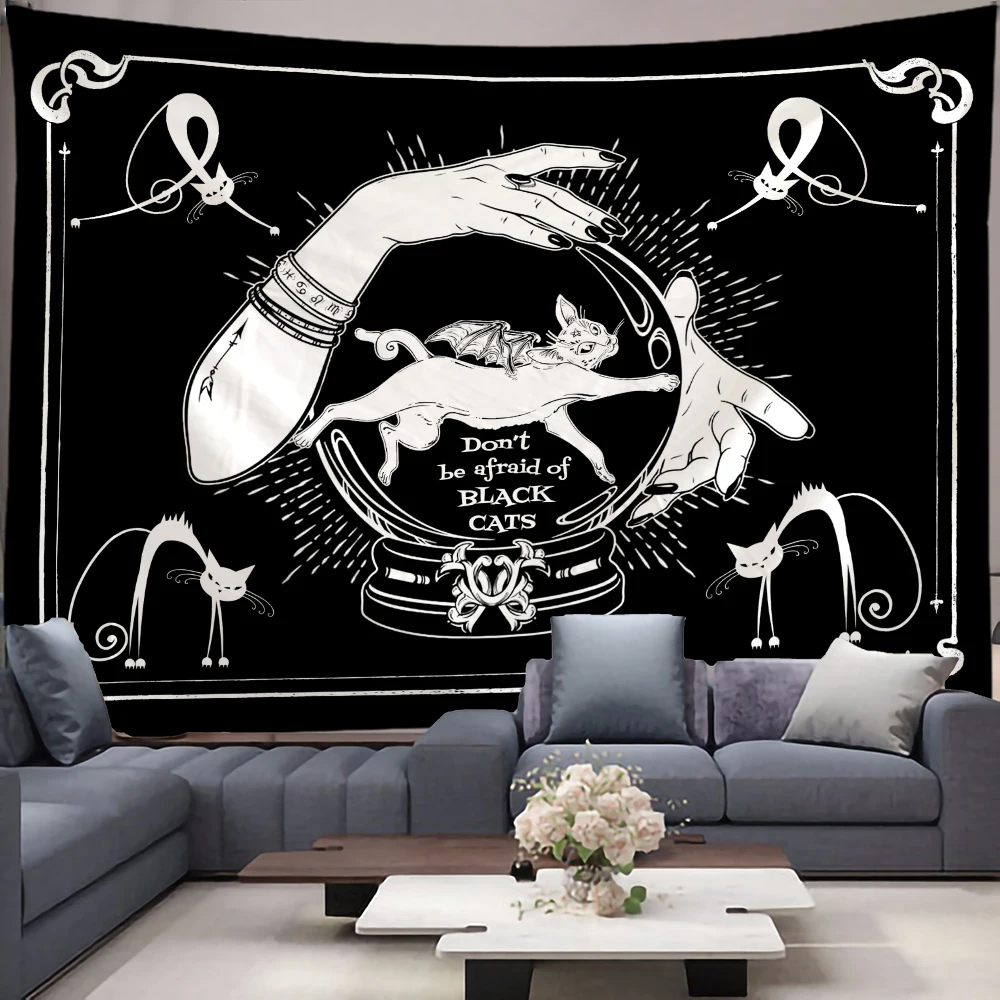 

Cool Black and White Cat Tapestry Mandala Lace Tapestry College Student Room Wave Decorative Tapestry