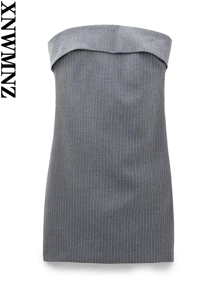 

XNWMNZ 2023 Women Fashion Strapless Pinstripe Dress Party Straight Neckline Exposed Shoulder Side Zipper Female Short Dresses