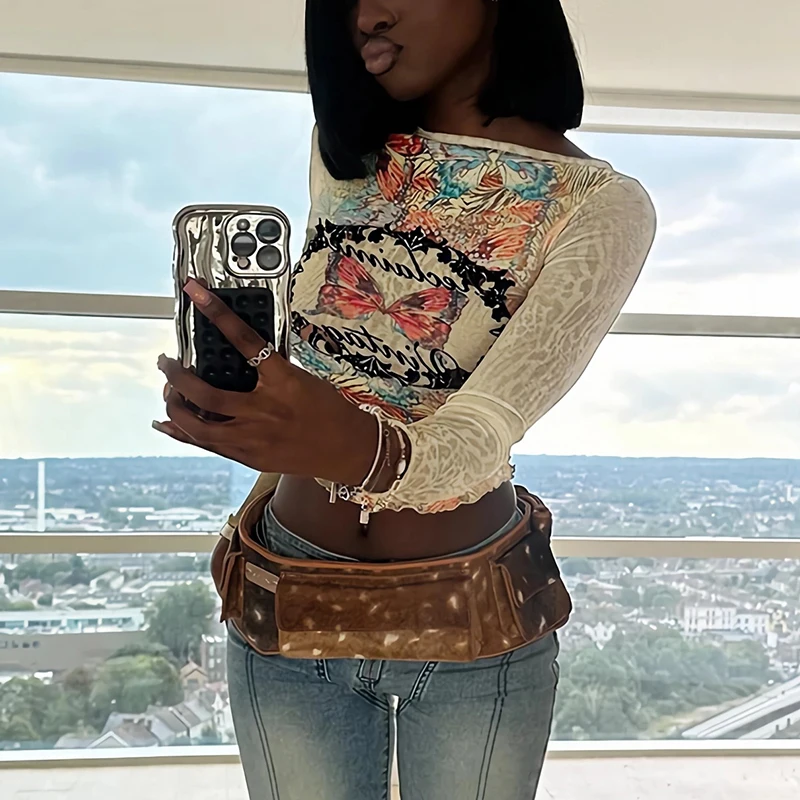 Sifreyr уличная утягивающая сетчатая футболка с принтом и круглым вырезом длинными