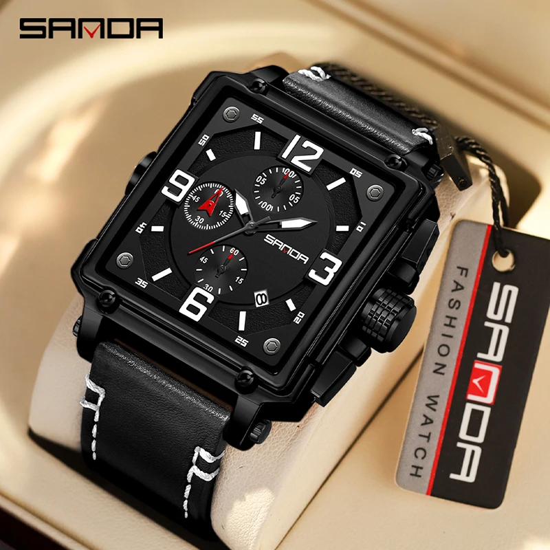 

SANDA Original Men's Watches Luxury Square Quartz Wrist Watch Waterproof Luminous Chronograph Watch for Men Relógio Masculino