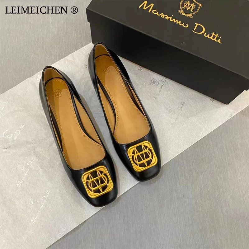 

LEIMEICHEN Women Pumps Med Heel Square Toe Pumps Office Lady Leahter Shoes Big Gold Metal Chain Soft Soles Slip on Shoes