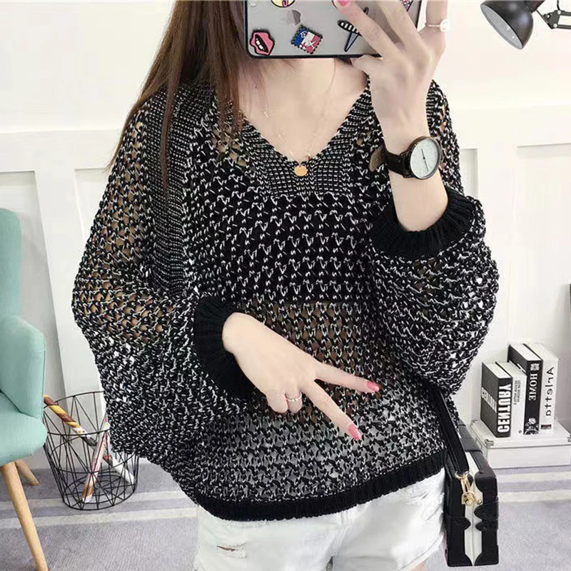 

Hollow Out V Neck Loose Knitted Blouses Women Autumn Batwing Sleeve Casual Shirts Women Fishnet Cover Up Tops Blusas Mujer 28461