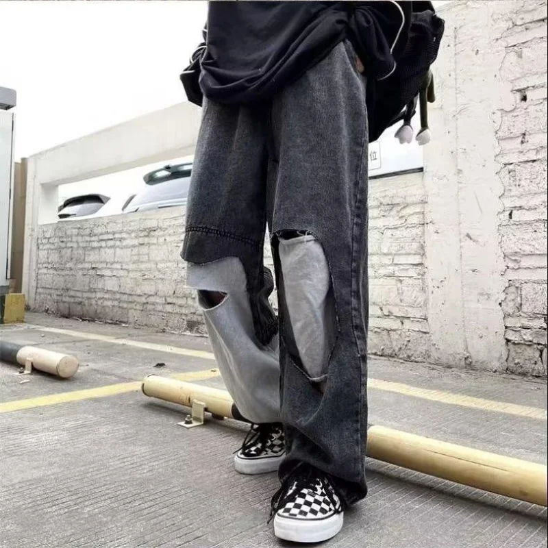 DEEPTOWN Patchwork Hole Jeans Men Black Streetwear Denim Pants Loose Hip Hop Straight Trousers Male Punk Harajuku Korean Spring