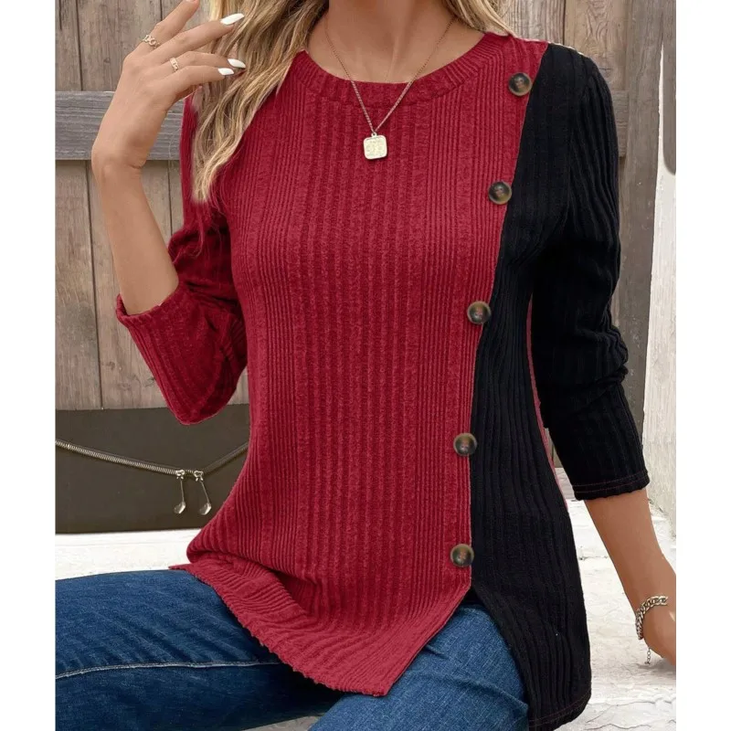 Женская повседневная футболка из полиэстера с разрезом на пуговицах и длинным