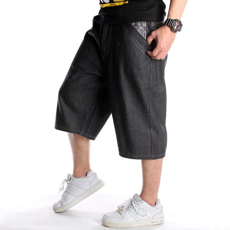 Summer Men's Wide Leg Denim Shorts Loose Straight Skating Pants Embroidered Hip Hop Shorts Mid Pants Jeans Plus Size