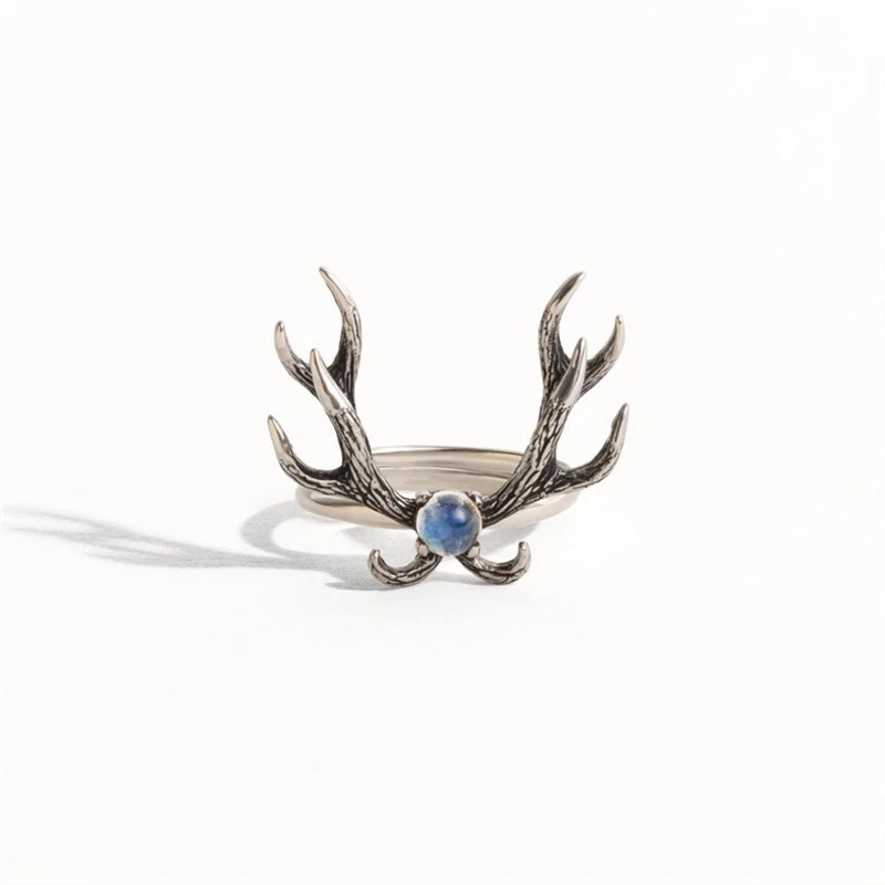 

Vintage Simple Silver Color Antler Inlaid Moonstone Rings for Women Party Wedding Anniversary Gift Fashion Jewelry