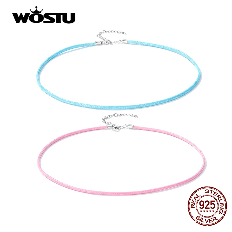 WOSTU 925 Sterling Silver Pink Blue Necklace Simple Wax Rope 45cm Adjustable Chain DIY Pendants For Women Fashion Jewelry CQN472