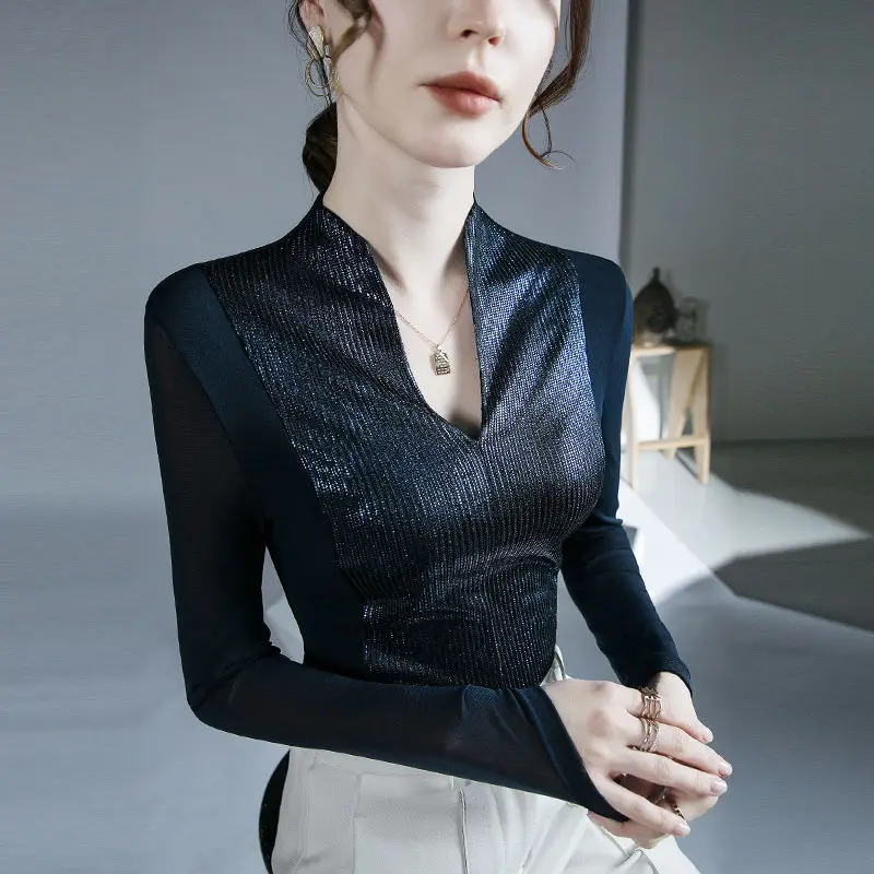 

2023 Autumn/Winter New Fashion Elegant Retro Style Top Bottom Fit Versatile Comfortable Mesh Panel Long Sleeve Top
