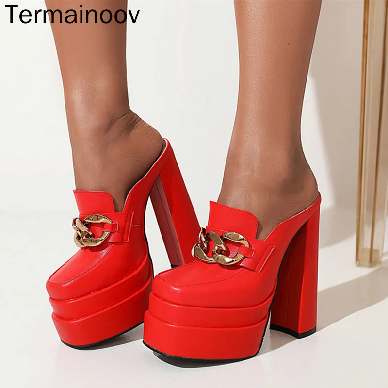 

Termainoov Women Slippers New Chain Square Toe Chunky Heels Platform Women Sandals Fashion Casual Mules Big Size 43