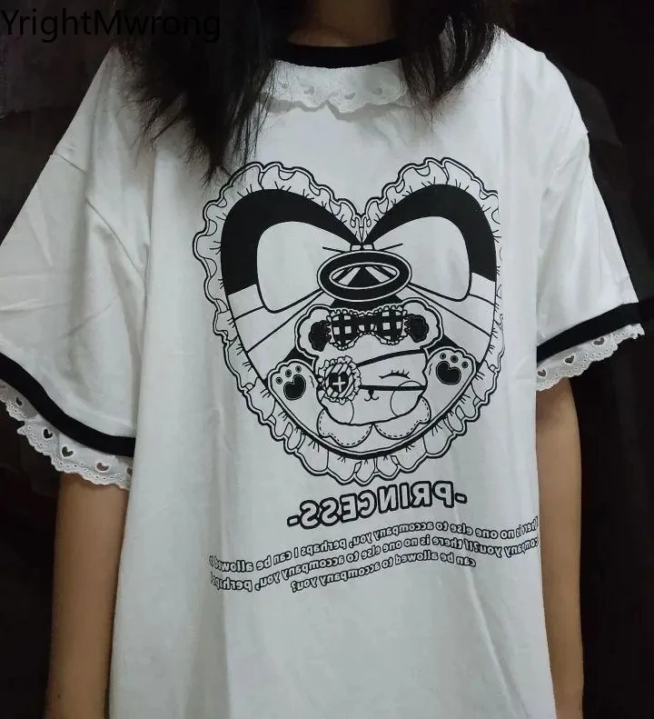 

Лоскутная Кружевная футболка с оборками на воротнике, милая мультяшная футболка с любовным сердцем, кавайная одежда, футболка, униформа для студентов и подростков Jk Lolita Korean