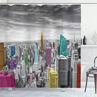new york shower curtain nyc cityscape monochrome photograph colorful buildings urban architecture cloth fabric bathroom decor