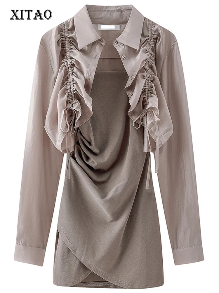 

XITAO Irregular Dress Drawstring Pleated Ruffle Two Piece Set Women Solid Color Casual Style Full Sleeve 2022 Dress WMD6800