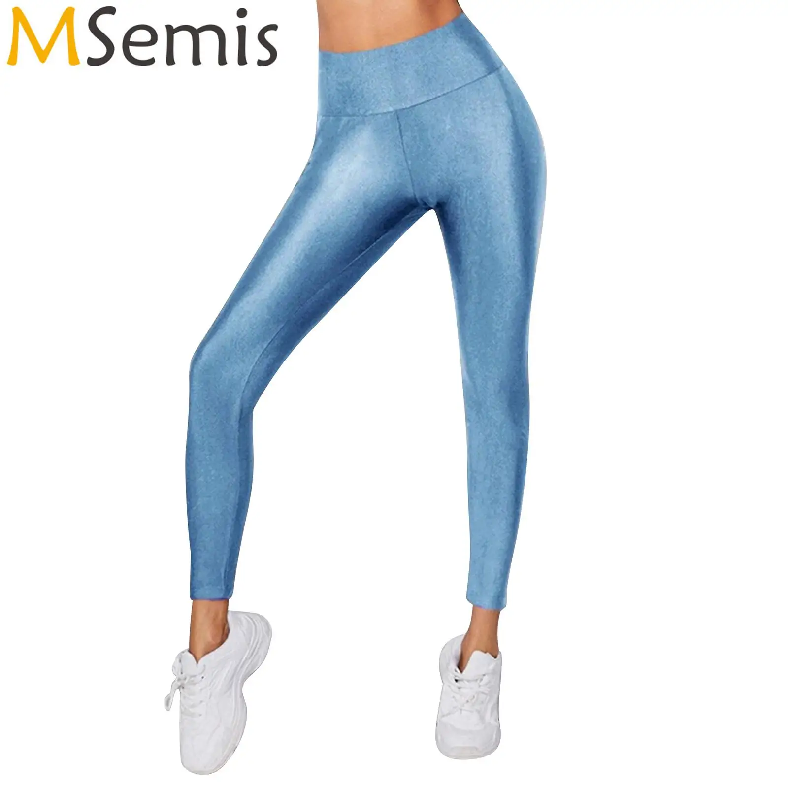 

Women Stretchy Compression Yoga Pants High Waist Wide Elastic Waistband Shiny Metallic Leggings Tight Pants Sport Bottoms