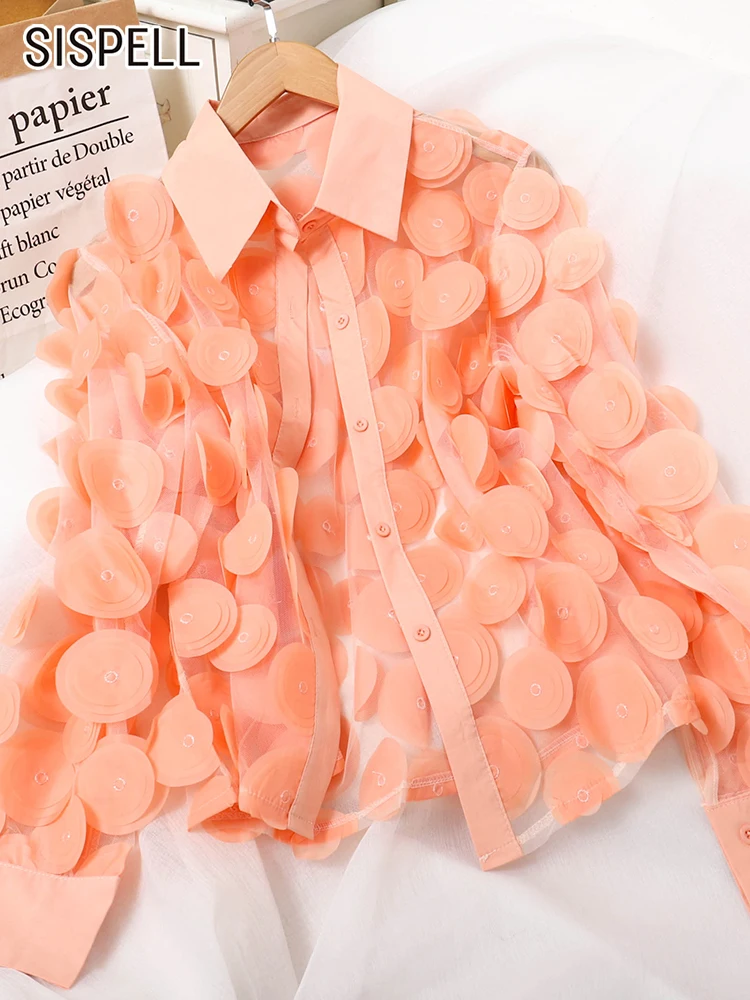 

SISPELL Sexy Shirt For Women Lapel Long Sleeve Appliques Patchwork Lightweight Single Breasted Solid Slim Blouse Female 2022